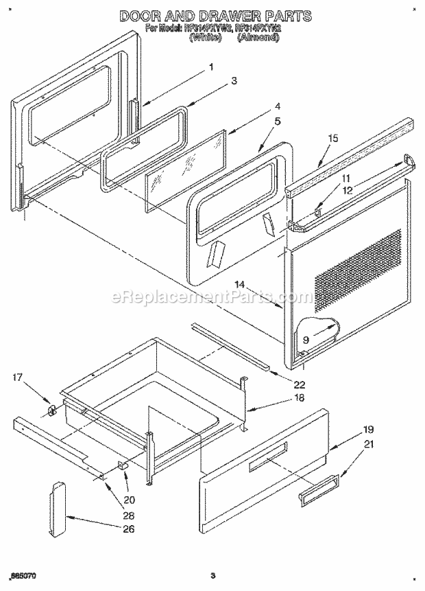 Whirlpool RF314PXYN2 Range Door and Drawer Diagram