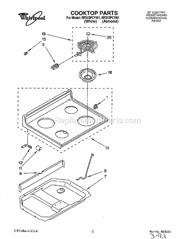 Whirlpool RF315PCYW1 Freestanding Electric Range Cooktop, Lit/Optional Diagram
