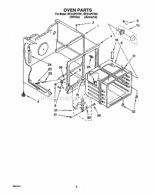 Whirlpool RF315PCYW1 Freestanding Electric Range Oven Diagram