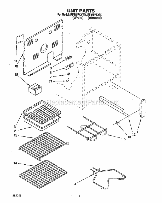 Whirlpool RF315PCYW1 Freestanding Electric Range Unit Diagram