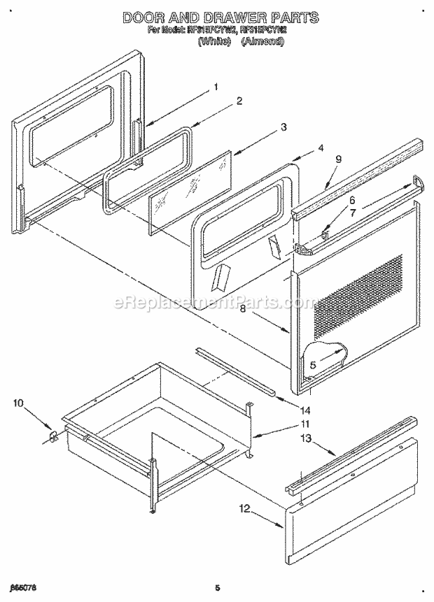 Whirlpool RF315PCYW2 Freestanding Electric Range Door and Drawer Diagram