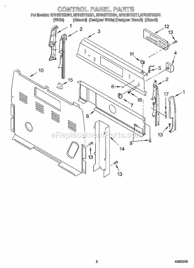 Whirlpool RF315PXGQ1 Freestanding Electric Range Control Panel Diagram