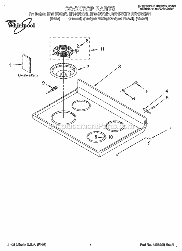 Whirlpool RF315PXGQ1 Freestanding Electric Range Cooktop, Literature Diagram