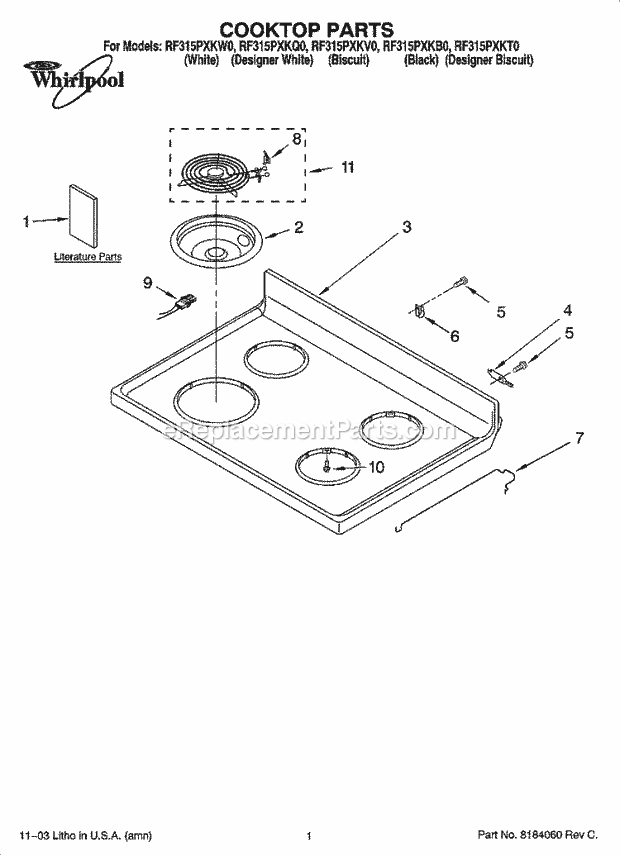 Whirlpool RF315PXKQ0 Freestanding Electric Range Cooktop Parts Diagram