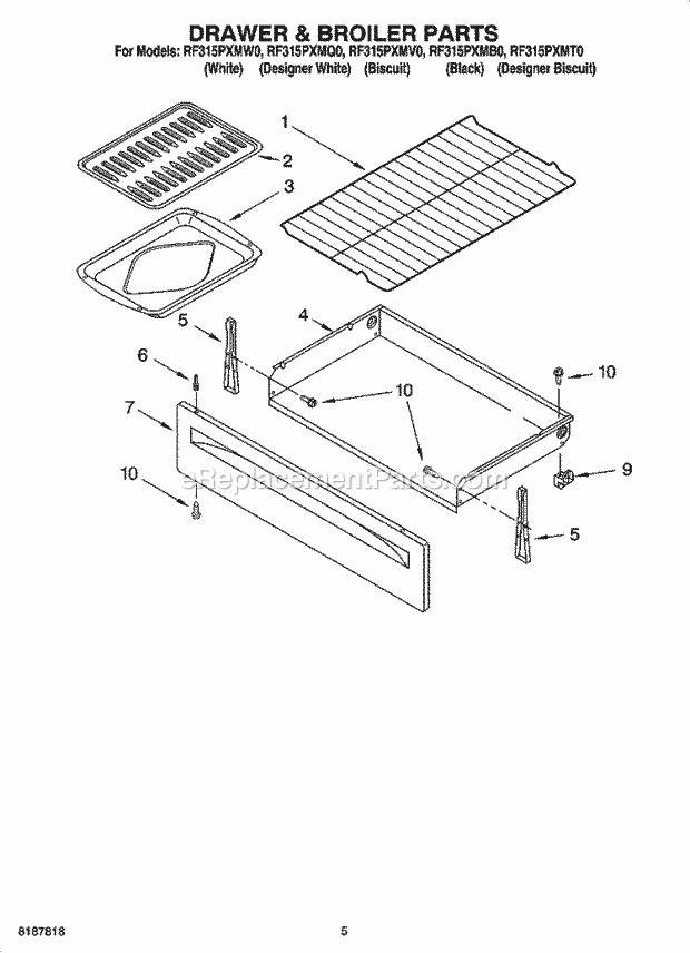 Whirlpool RF315PXMB0 Freestanding Electric Drawer & Broiler Parts Diagram