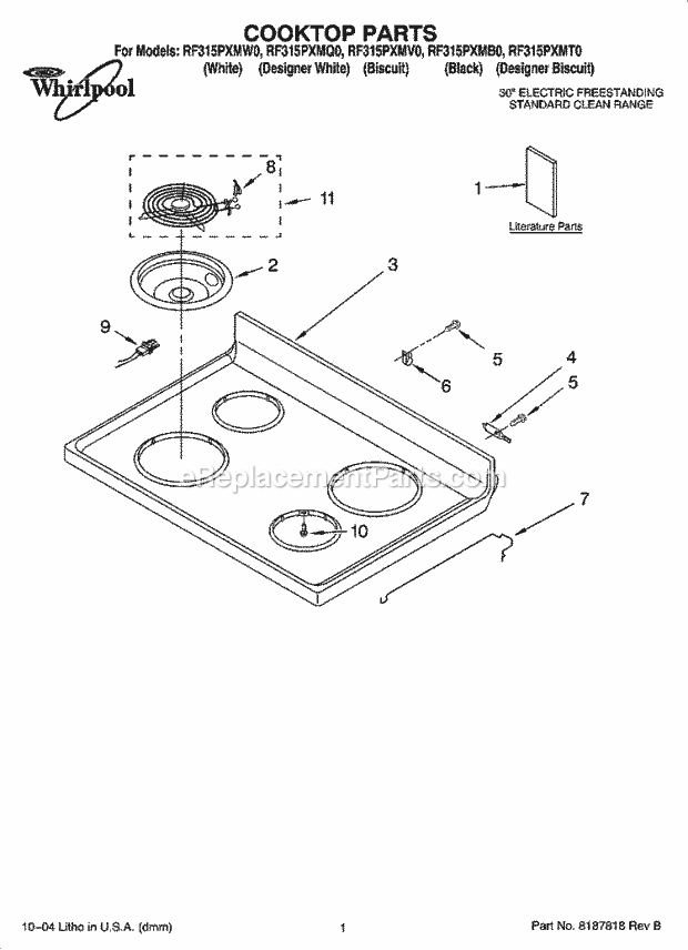 Whirlpool RF315PXMV0 Freestanding Electric Cooktop Parts Diagram