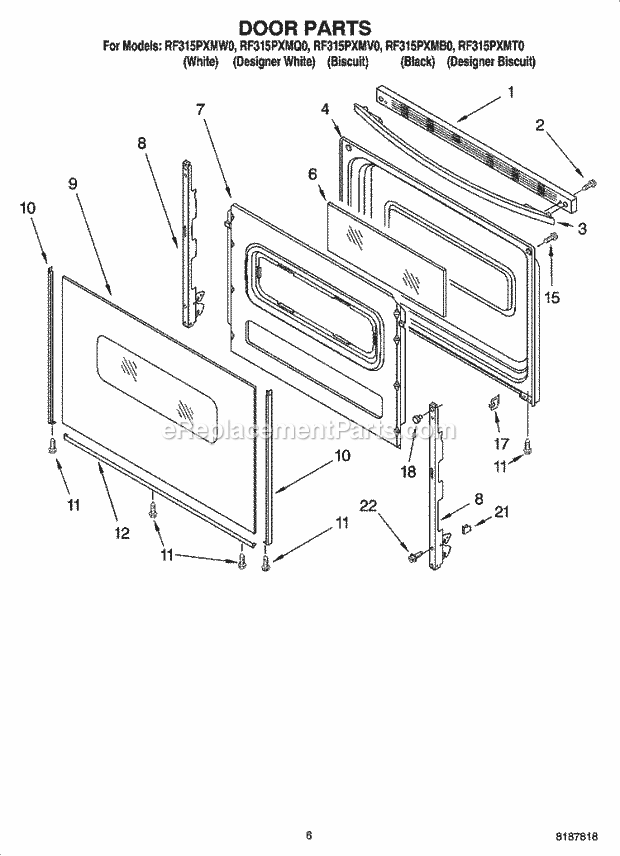 Whirlpool RF315PXMV0 Freestanding Electric Door Parts, Miscellaneous Parts Diagram