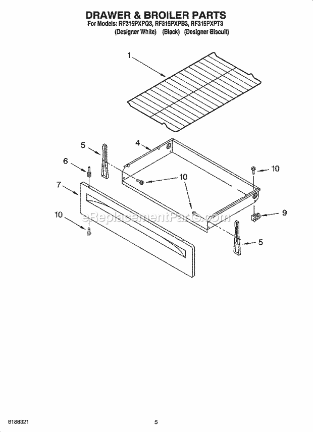 Whirlpool RF315PXPB3 Freestanding Electric Drawer & Broiler Parts Diagram