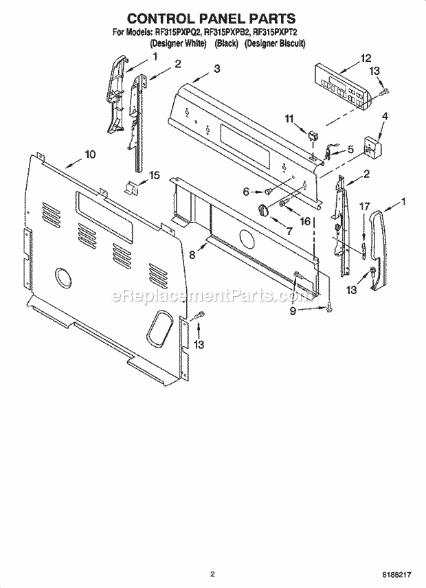 Whirlpool RF315PXPQ2 Freestanding Electric Control Panel Parts Diagram