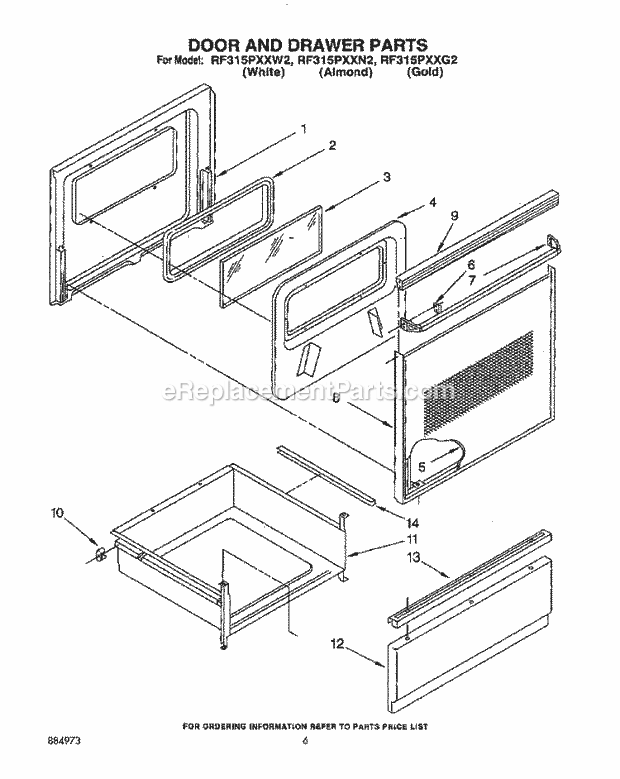 Whirlpool RF315PXXN2 Freestanding Electric Range Door and Drawer Diagram