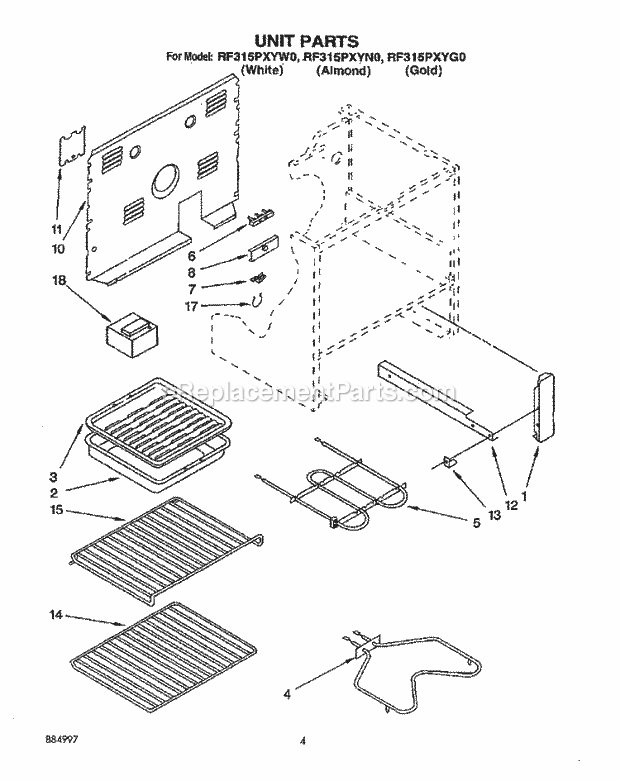 Whirlpool RF315PXYG1 Freestanding Electric Range Unit, Optional Diagram