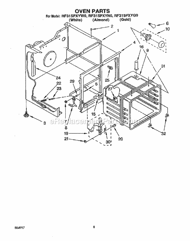 Whirlpool RF315PXYW0 Freestanding Electric Range Oven Diagram