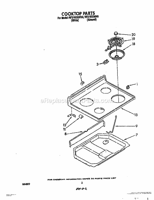 Whirlpool RF3165XWN0 Electric Range Cooktop Diagram