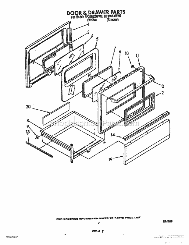 Whirlpool RF3165XWN0 Electric Range Door and Drawer Diagram