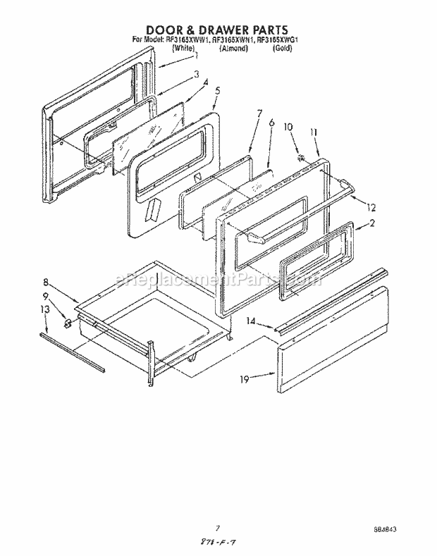 Whirlpool RF3165XWN1 Electric Range Door and Drawer Diagram