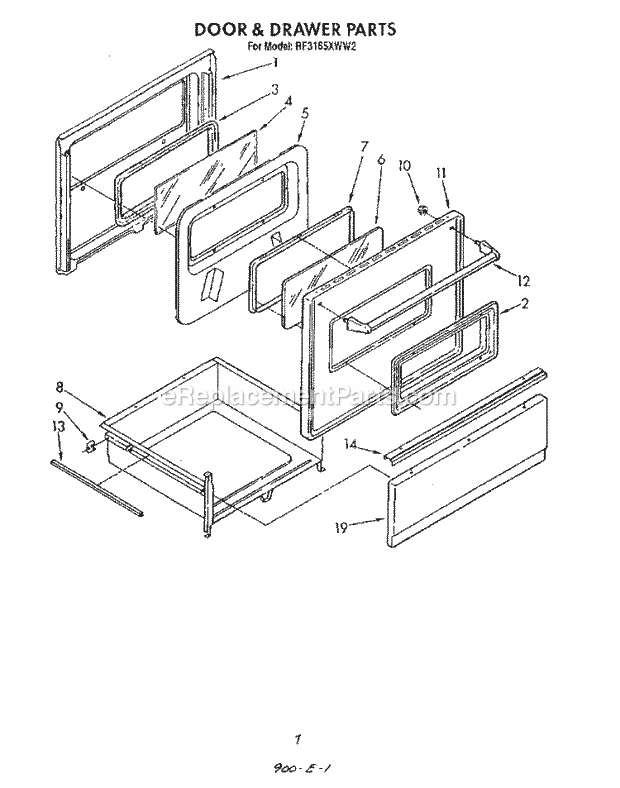 Whirlpool RF3165XWN2 Range Door and Drawer Diagram