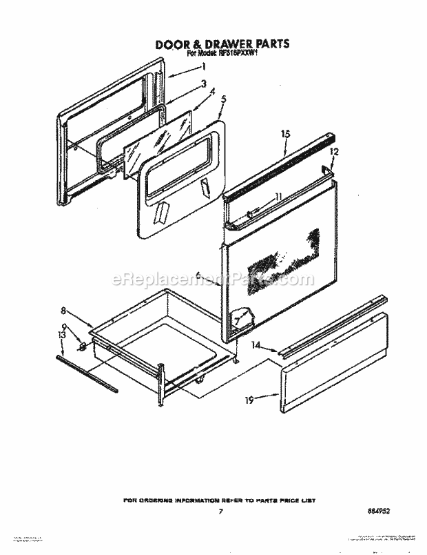 Whirlpool RF316PXXN1 Range Door and Drawer Diagram