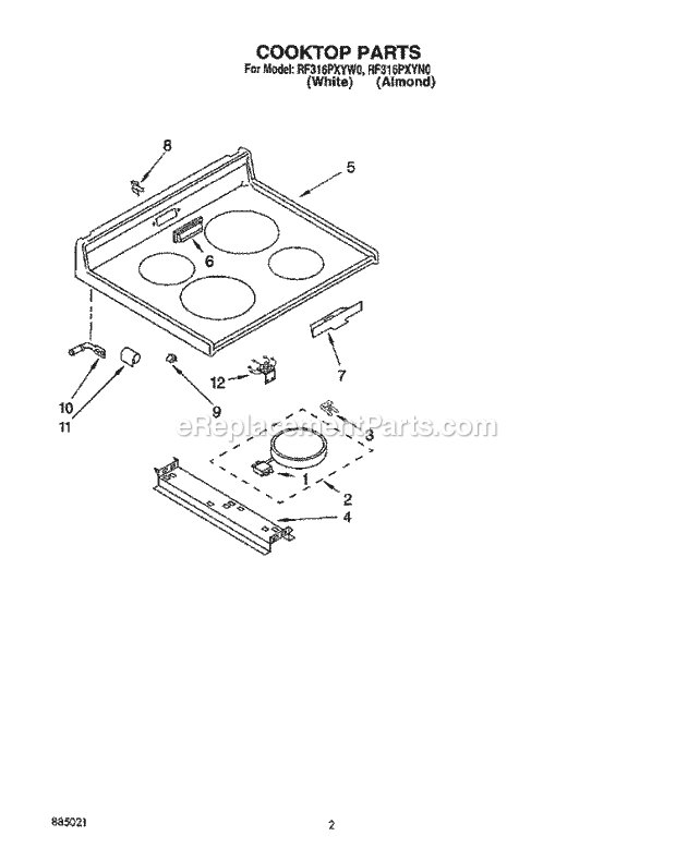 Whirlpool RF316PXYW0 Electric Range Cooktop, Lit/Optional Diagram