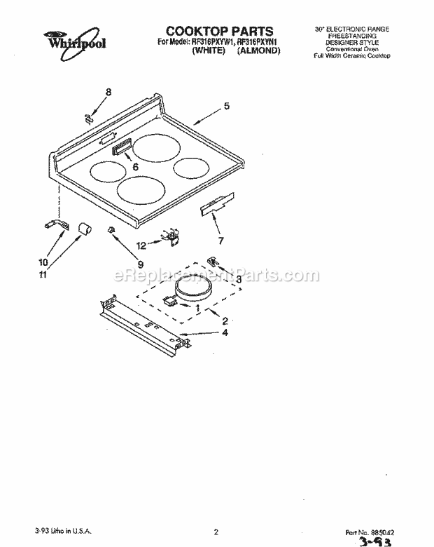Whirlpool RF316PXYW1 Electric Range Cooktop, Lit/Optional Diagram