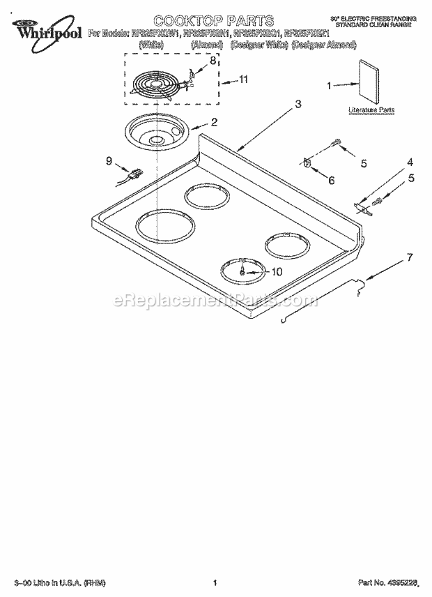 Whirlpool RF325PXGN1 Freestanding Electric Range Cooktop, Literature Diagram