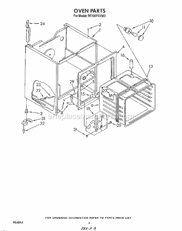 Whirlpool RF330PXVW3 Freestanding Electric Range Oven Diagram