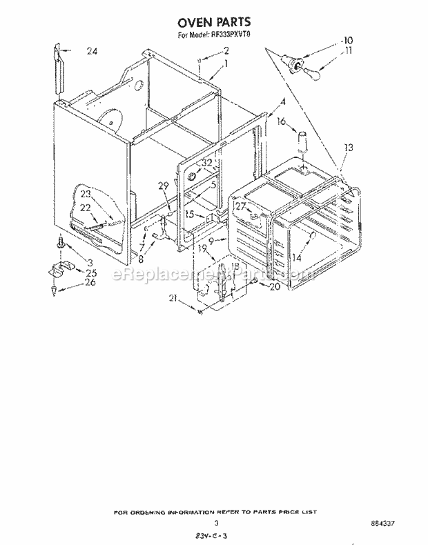 Whirlpool RF333PXVT0 Freestanding Electric Range Oven Diagram