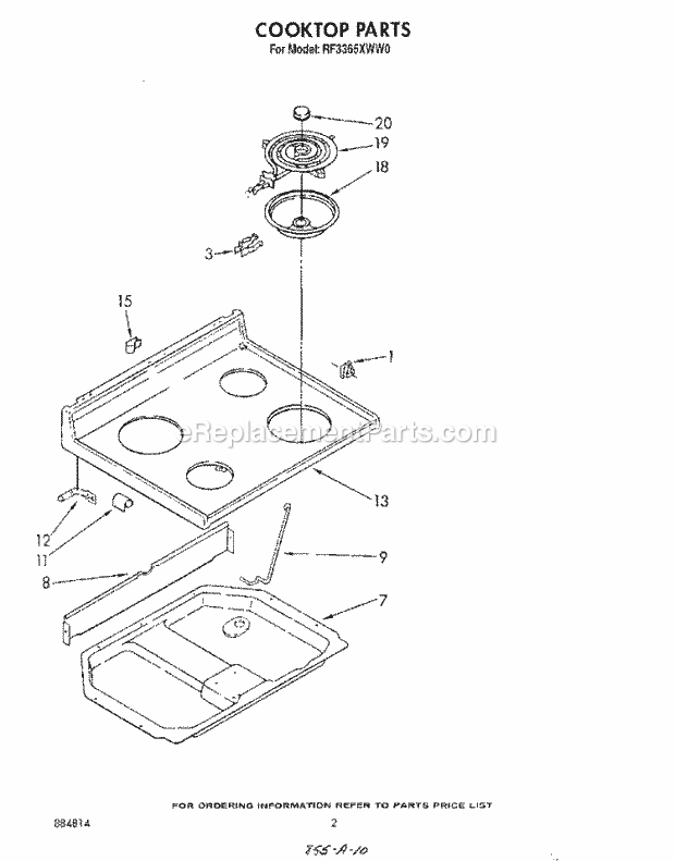 Whirlpool RF3365XWW0 Freestanding Electric Range Cooktop Diagram