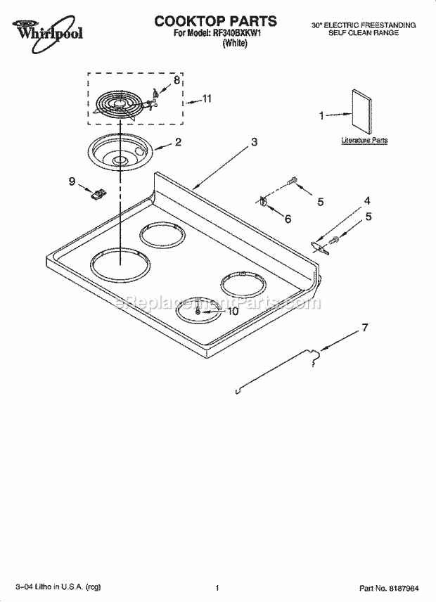 Whirlpool RF340BXKW1 Freestanding Electric Cooktop Parts Diagram