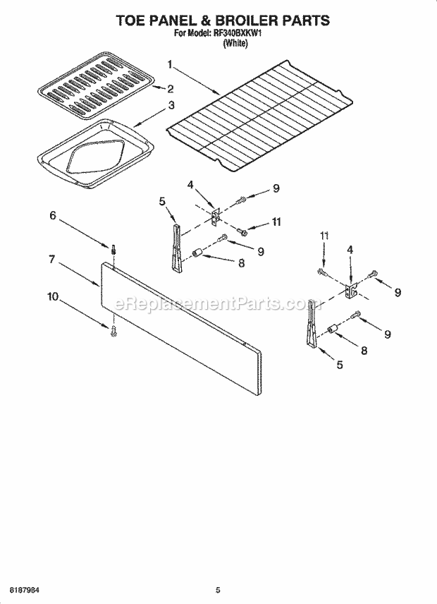 Whirlpool RF340BXKW1 Freestanding Electric Toe Panel & Broiler Parts Diagram