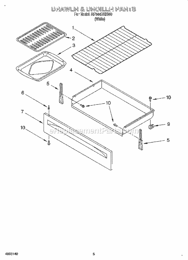 Whirlpool RF344BXHW0 Freestanding Electric Range Drawer and Broiler Diagram