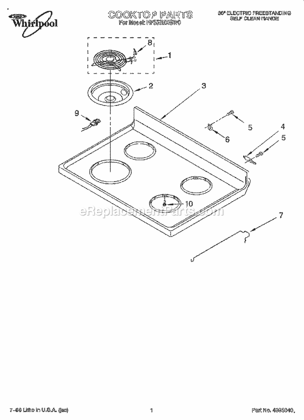 Whirlpool RF350BXGW0 Freestanding Electric Range Cooktop Diagram