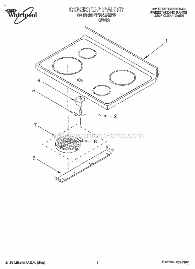 Whirlpool RF354BXEW0 Freestanding Electric Range Cooktop Diagram