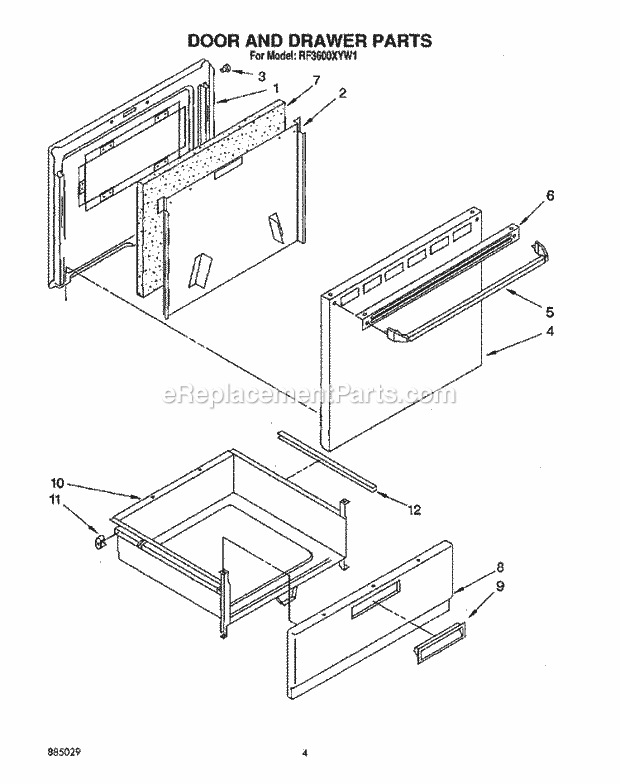 Whirlpool RF3600XYW1 Freestanding Electric Range Door and Drawer Diagram