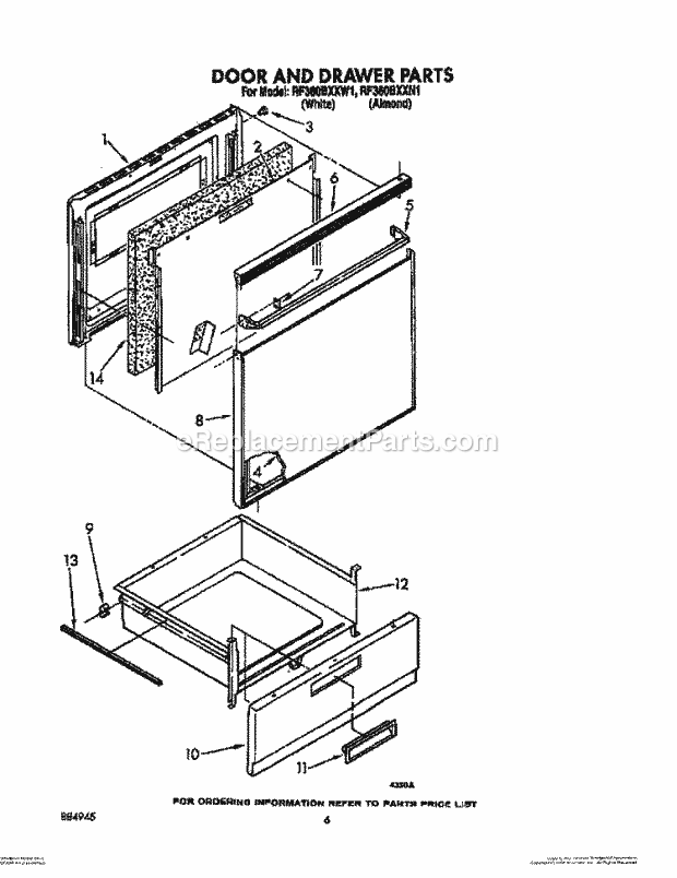 Whirlpool RF360BXXN1 Range Door and Drawer Diagram