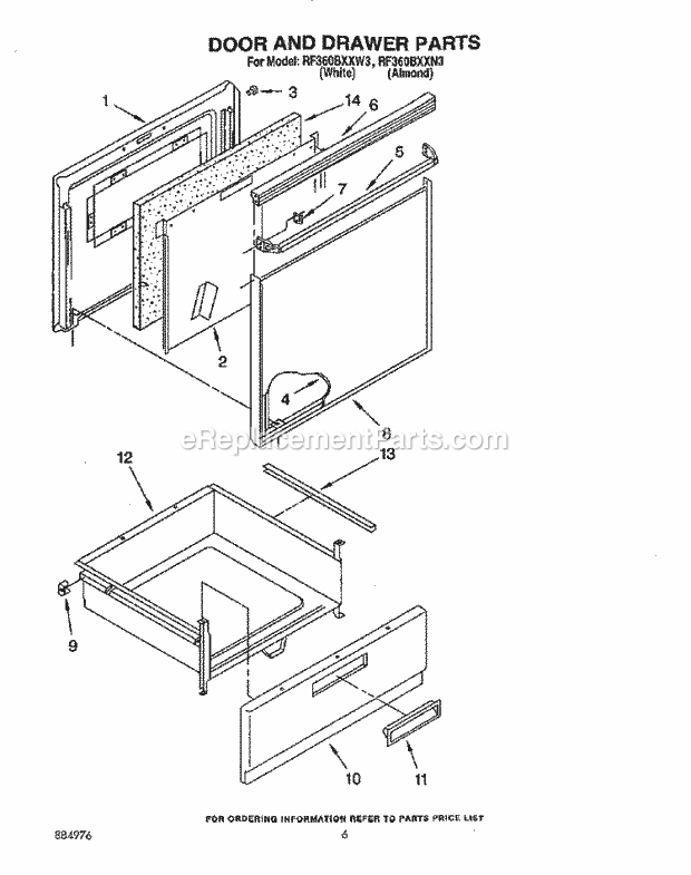 Whirlpool RF360BXXN3 Freestanding Electric Range Door and Drawer Diagram