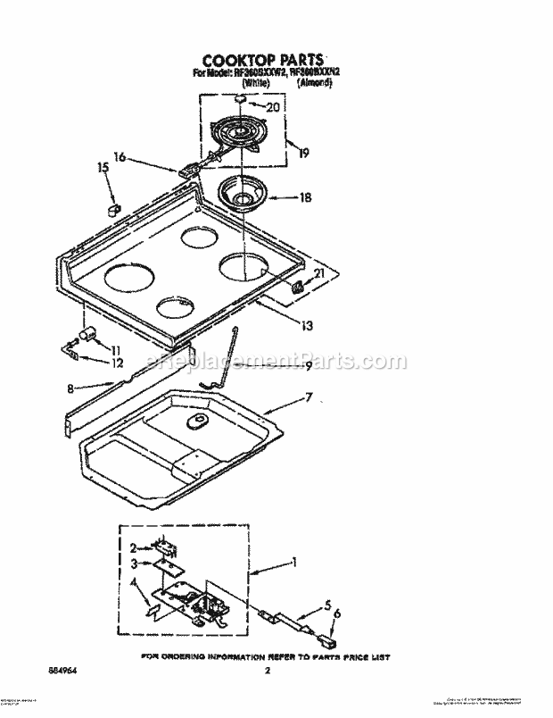 Whirlpool RF360BXXW2 Freestanding Electric Range Cooktop Diagram