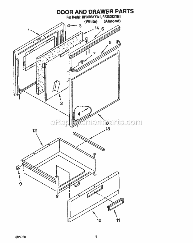 Whirlpool RF360BXYW1 Freestanding Electric Range Door and Drawer Diagram