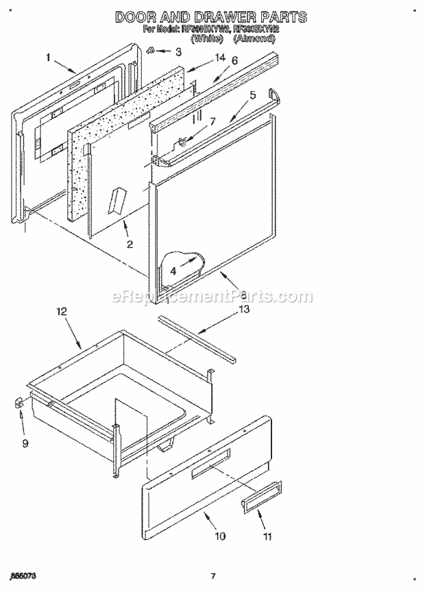 Whirlpool RF360BXYW2 Freestanding Electric Range Door and Drawer Diagram