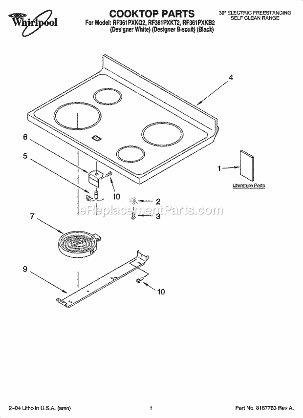 Whirlpool RF361PXKB2 Freestanding Electric Cooktop Parts Diagram