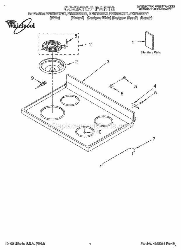 Whirlpool RF362BXGN1 Freestanding Electric Range Cooktop, Literature Diagram