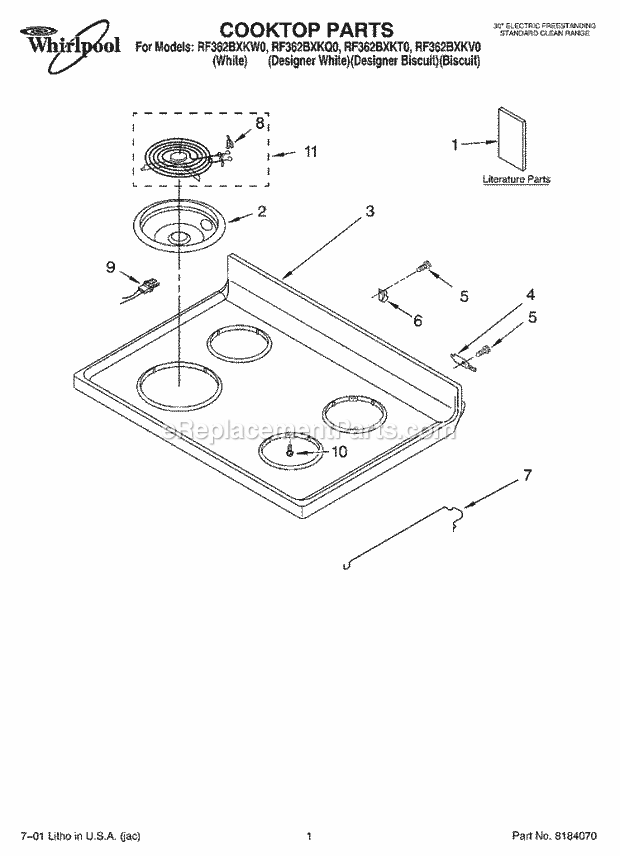 Whirlpool RF362BXKT0 Freestanding Electric Cooktop, Literature Diagram