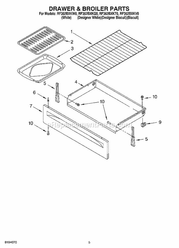 Whirlpool RF362BXKT0 Freestanding Electric Drawer & Broiler Diagram