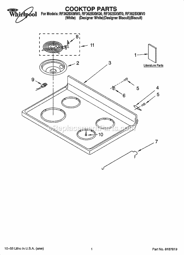 Whirlpool RF362BXMW0 Freestanding Electric Cooktop Parts Diagram
