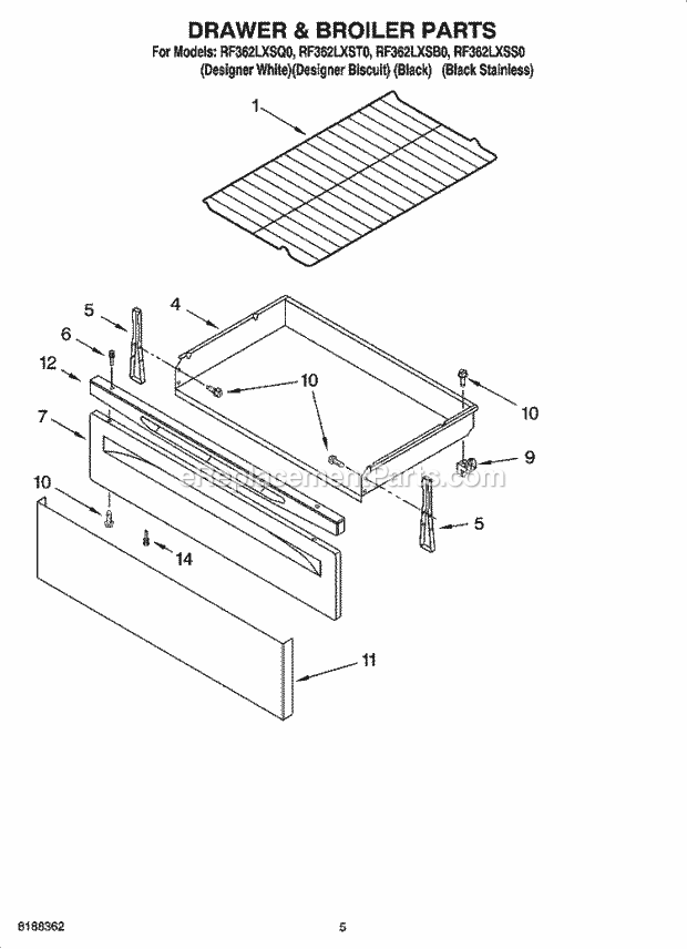 Whirlpool RF362LXSB0 Cooktop Drawer & Broiler Parts Diagram