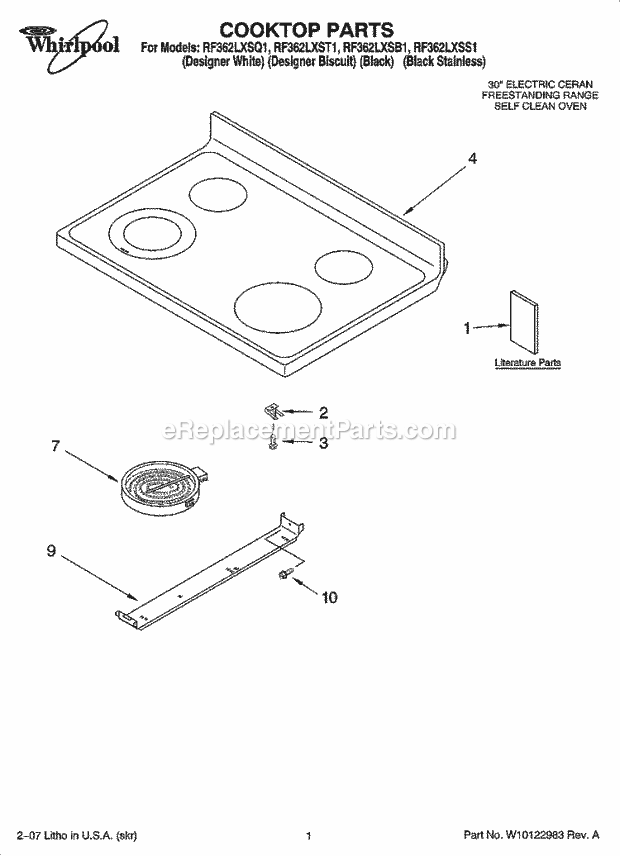 Whirlpool RF362LXSB1 Freestanding Electric Cooktop Parts Diagram