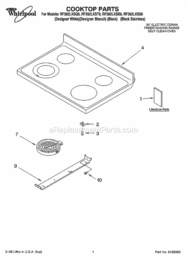 Whirlpool RF362LXST0 Freestanding Electric Range Cooktop Parts Diagram