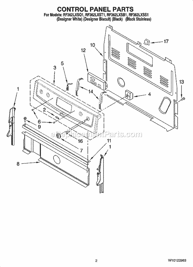 Whirlpool RF362LXST1 Freestanding Electric Control Panel Parts Diagram