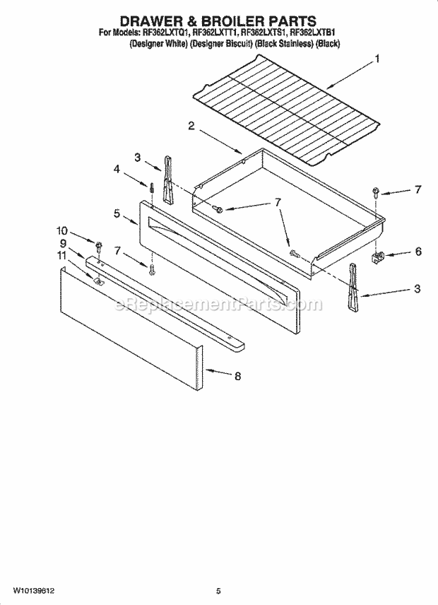 Whirlpool RF362LXTB1 Freestanding Electric Drawer & Broiler Parts Diagram