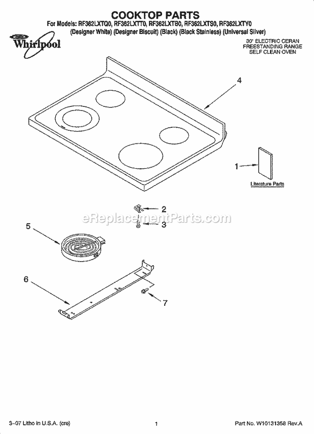 Whirlpool RF362LXTQ0 Freestanding Electric Cooktop Parts Diagram