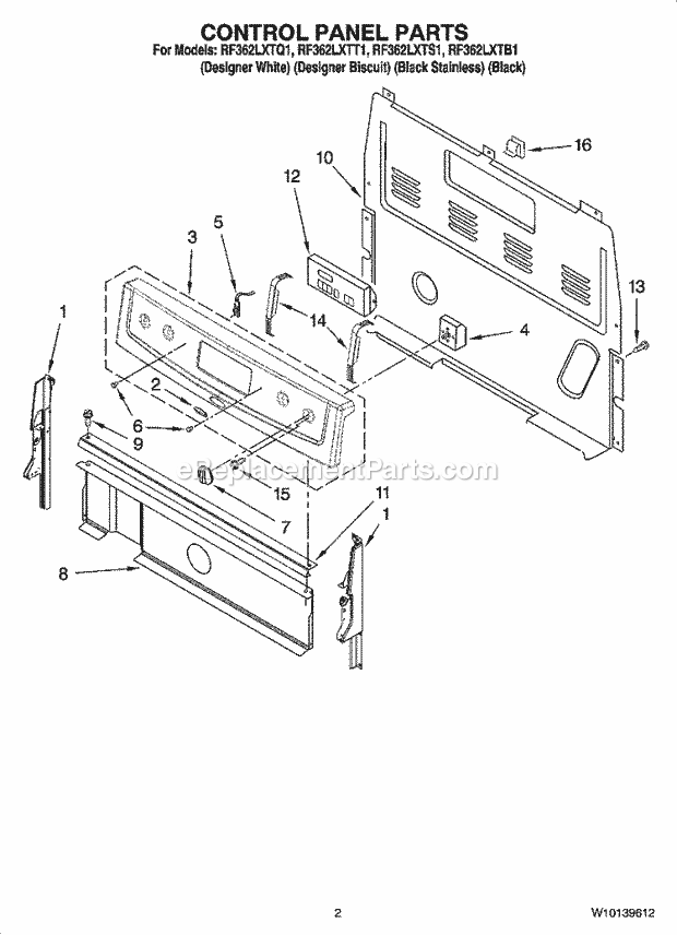 Whirlpool RF362LXTS1 Freestanding Electric Control Panel Parts Diagram